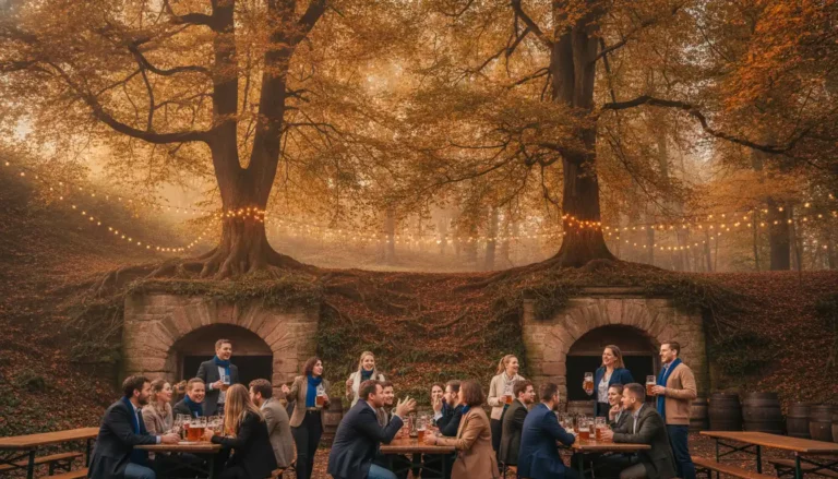Junge Unternehmerinnen und Unternehmer feiern abends im herbstlichen Forchheimer Kellerwald vor alten Bierkellern