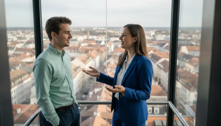 Junge Unternehmerin stellt einem jungen Mann im gläsernen Aufzug über den Dächern einer bayerischen Stadt ihr Unternehmen in einem Elevator Pitch vor