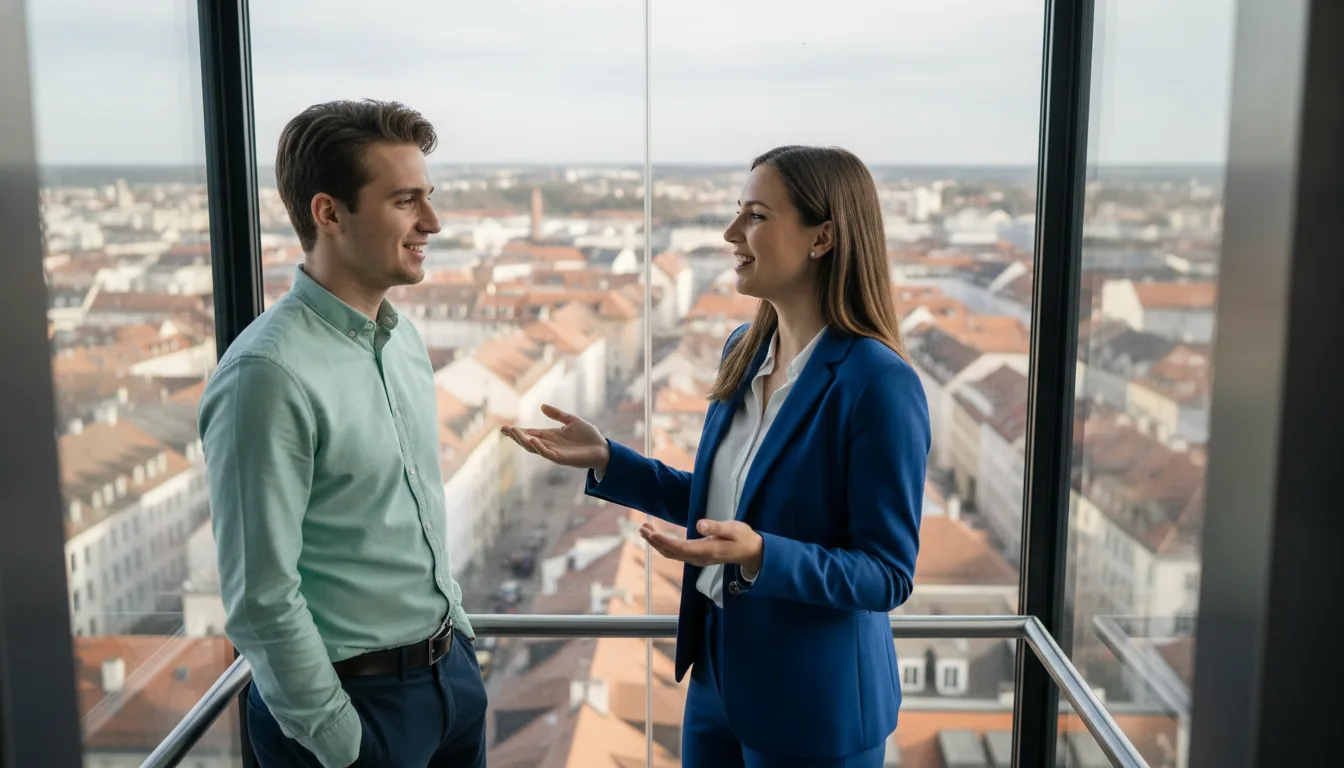 Junge Unternehmerin stellt einem jungen Mann im gläsernen Aufzug über den Dächern einer bayerischen Stadt ihr Unternehmen in einem Elevator Pitch vor