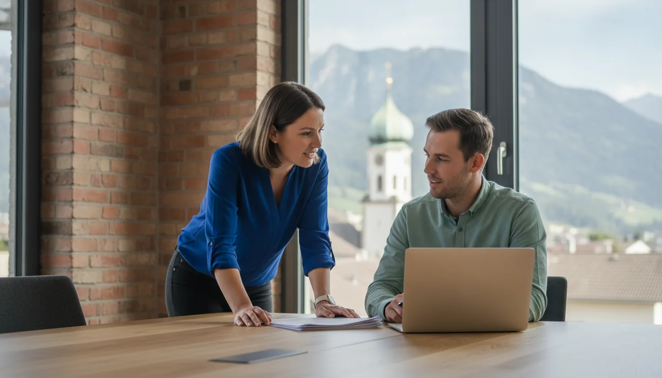 Junge Teamleiterin gibt einem Kollegen am Laptop Feedback an einem Holztisch, im Fenster dahinter ein Kirchturm mit Zwiebelhaube und bayerische Berge