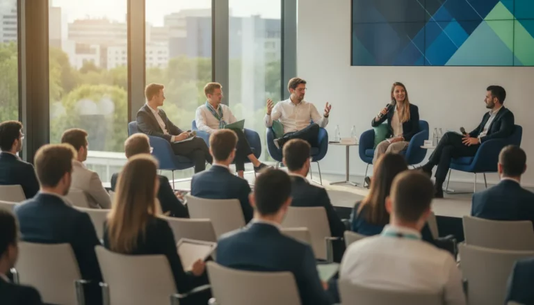 Junge Unternehmerinnen und Unternehmer verfolgen eine Podiumsdiskussion auf dem Jungen Wirtschaftsgipfel Bayern in München