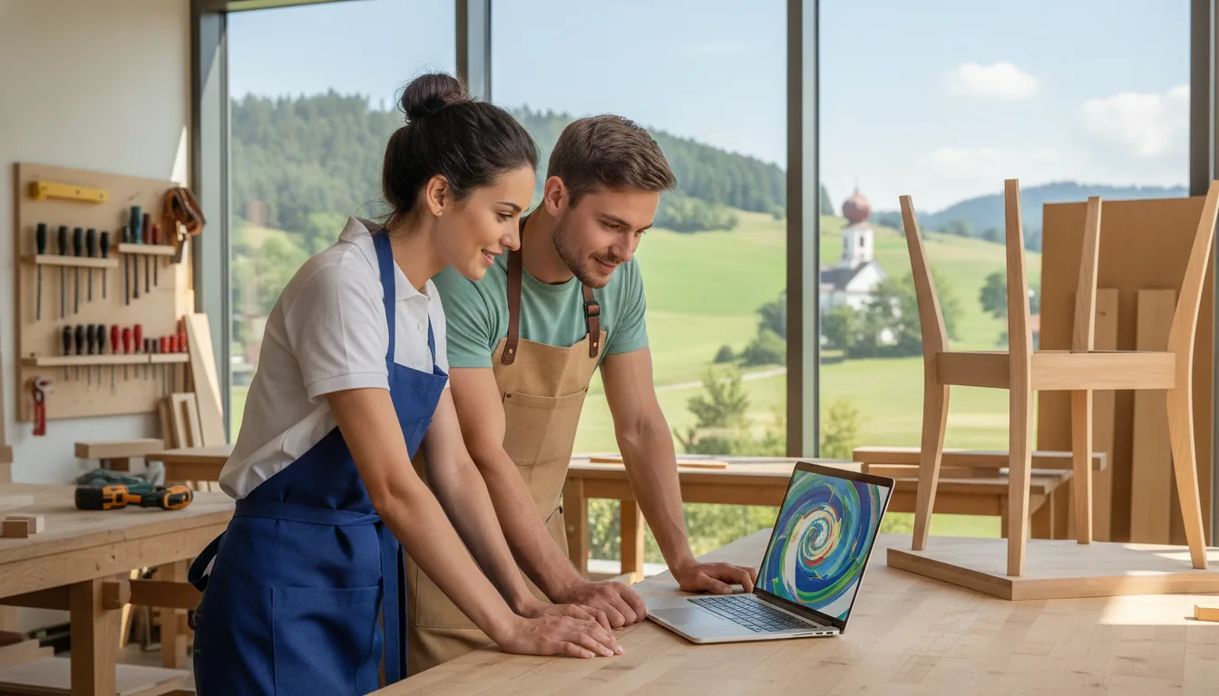 Junge Unternehmerin und junger Unternehmer in Werkstattschürzen schauen in einer hellen bayerischen Schreinerwerkstatt gemeinsam auf einen Laptop, im Hintergrund grüne Hügel und eine Kirche mit Zwiebelturm: KI für Unternehmen im Mittelstand