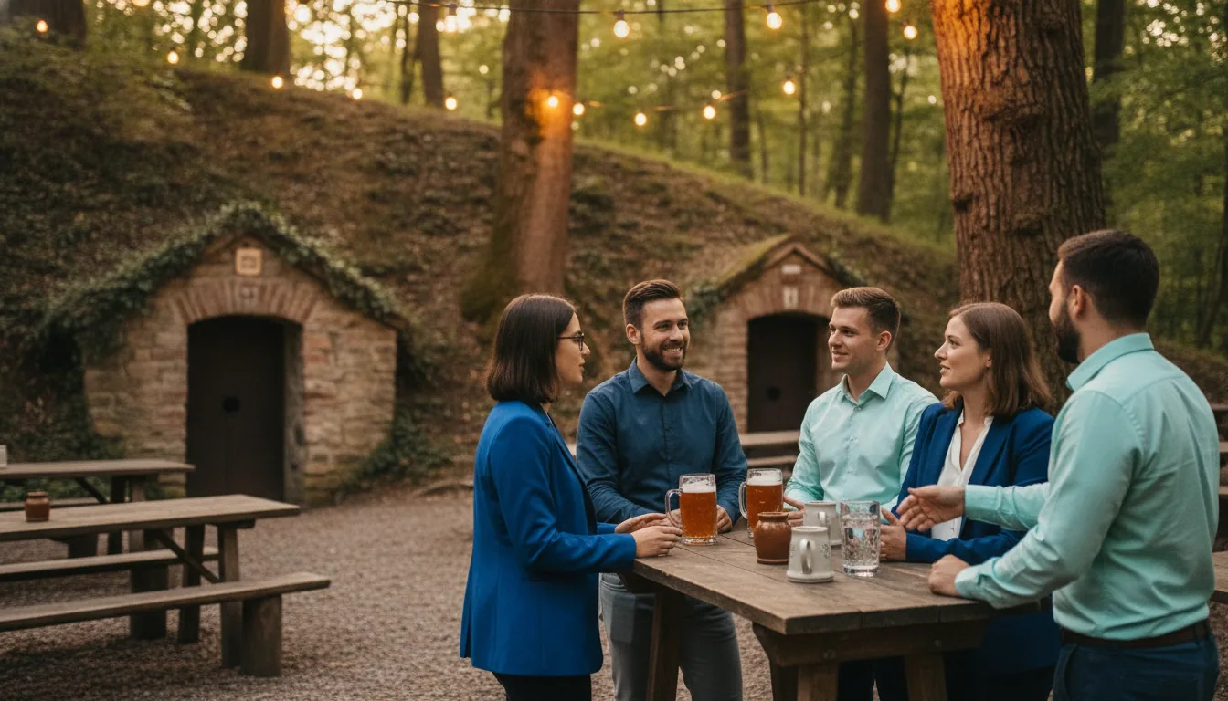 Fünf junge Unternehmerinnen und Unternehmer netzwerken an einem Stehtisch vor einem fränkischen Bierkeller im Wald unter Lichterketten