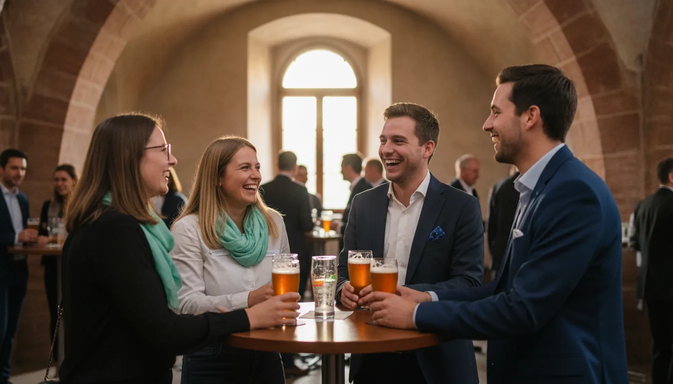 Zwei junge Unternehmerinnen und zwei junge Unternehmer lachen beim Small Talk an einem Stehtisch in einem Gewölbekeller, Business-Event in Bayern