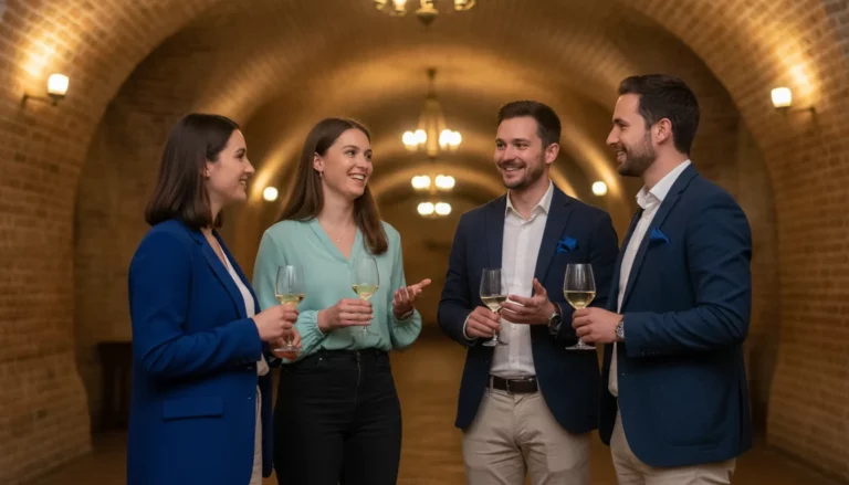 Netzwerktreffen eines Unternehmerverbands: Vier junge Unternehmerinnen und Unternehmer mit Weingläsern im Gespräch in einem bayerischen Gewölbekeller